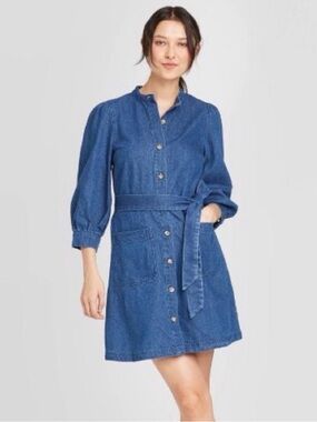 Who What Wear. NWT. Denim Button-Front Shirt Dress with Waist Tie - Blue